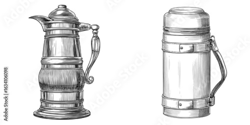 A thermos bottle featuring a modern outline doodle sketch and equipped with a handle for convenient hiking and camping