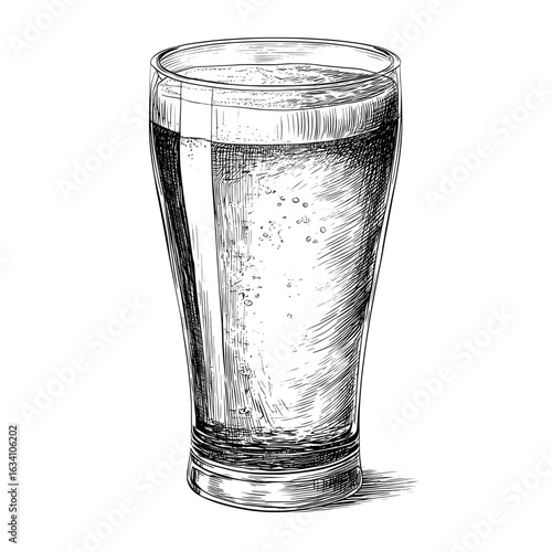 A glass of beer is depicted in an engraving style, featuring a hand-drawn black color vintage modern illustration