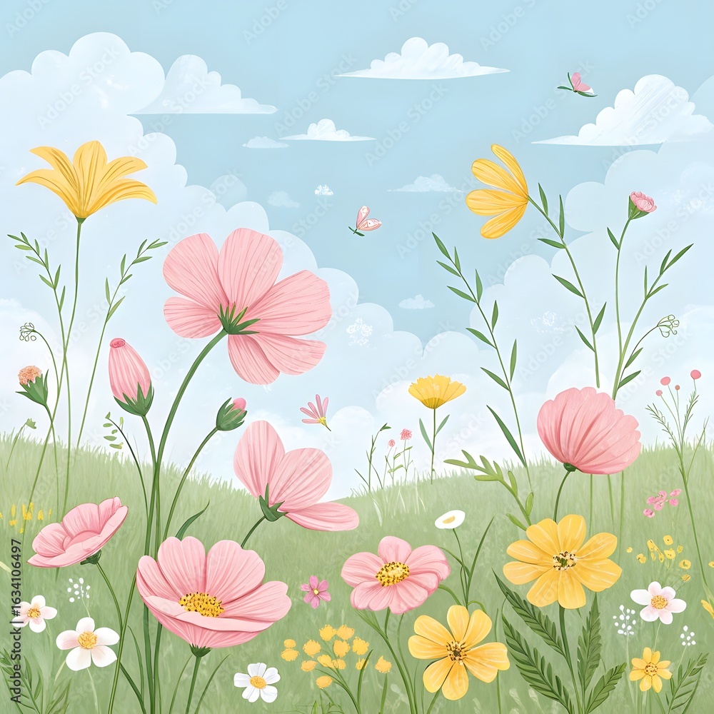 Fototapeta premium spring background with flowers and butterflies, seamless floral pattern