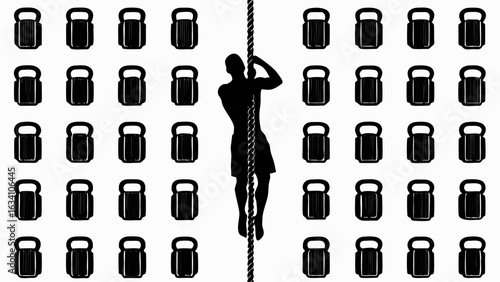 Silhouette of a man climbing a rope surrounded by kettlebell weights in a black and white illustration
