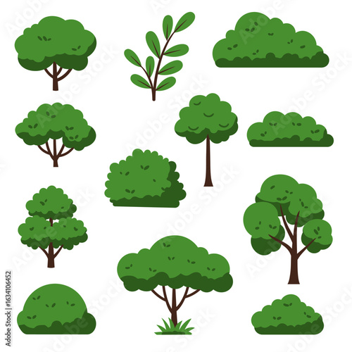 Collection of Green Trees and Bushes in Various Flat Styles Vector Illustration
