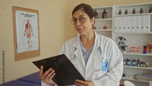 Wallpaper Mural Woman doctor wearing glasses and stethoscope reading a black clipboard amidst clinic shelves with medical bottles; dedication. Torontodigital.ca