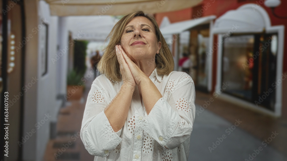 Fototapeta premium Middle aged caucasian woman pressing both hands to her cheek in a sleeping gesture on a bustling city street; serenity.