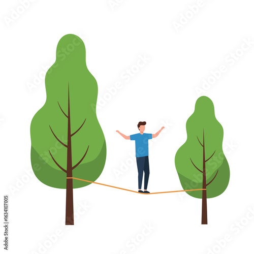 Man Walking on a Rope Between Two Trees