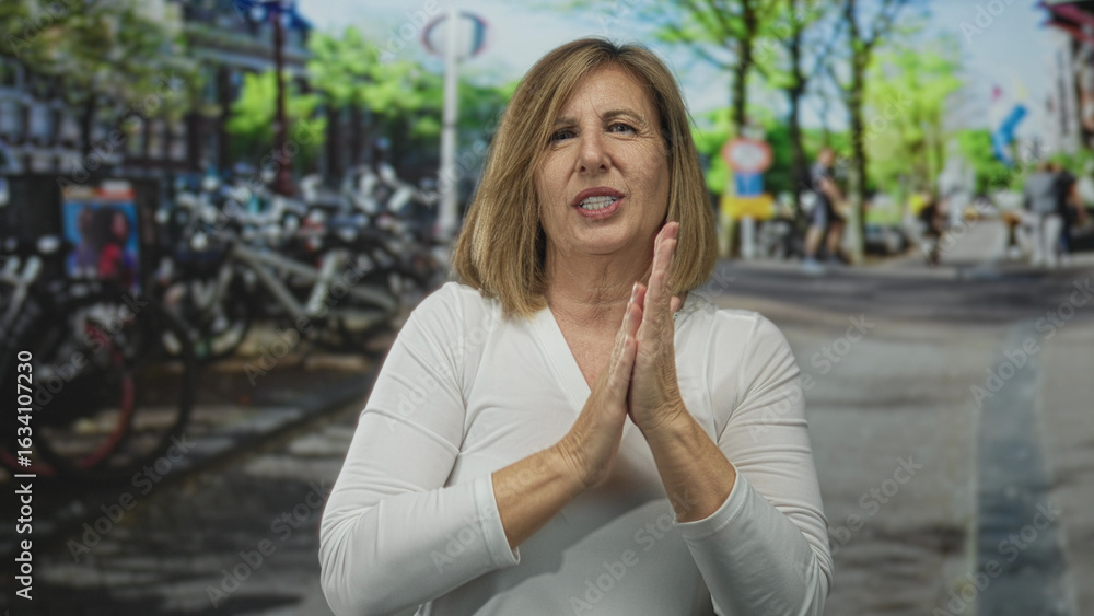 Caucasian middle aged woman in white shirt folds arms hugging herself on busy urban street; cold discomfort. Caucasian middle aged woman in white shirt folds arms hugging herself on busy urban street; cold discomfort.