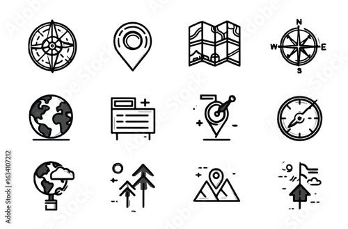 Navigation and Location Icons for Travel and Adventure Planning featuring compasses maps and location markers for global exploration