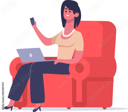 Smiling businesswoman wearing pearl necklace using laptop and smartphone while sitting comfortably on red armchair, representing modern work life balance and remote work