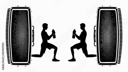 Two silhouetted figures perform lunges with bottles between large textured rectangular objects