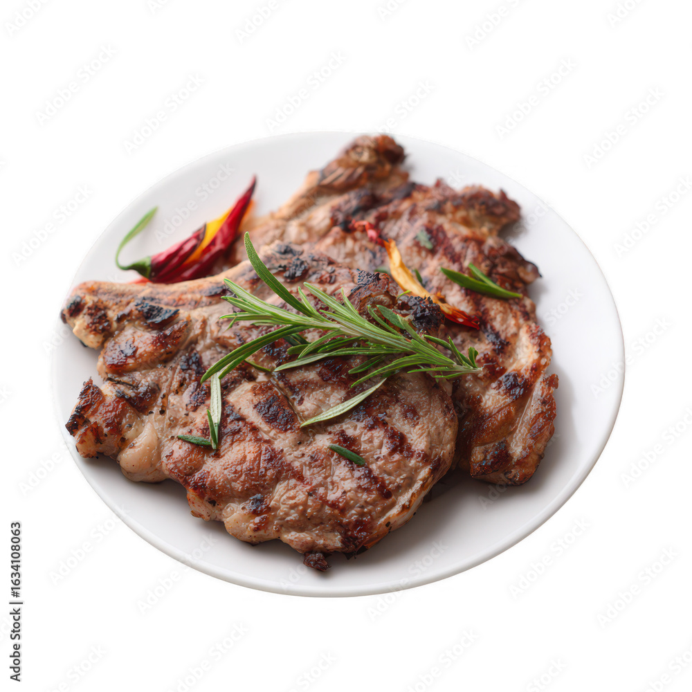 Deliciously grilled meat served on a white plate, garnished with sprigs of fresh rosemary and red chili for a flavorful presentation. Deliciously grilled meat served on a white plate, garnished with sprigs of fresh rosemary and red chili for a flavorful presentation.