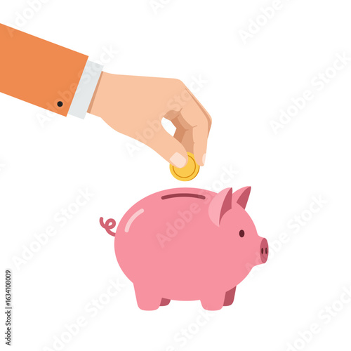 Hand Putting a Coin into a Pink Piggy Bank