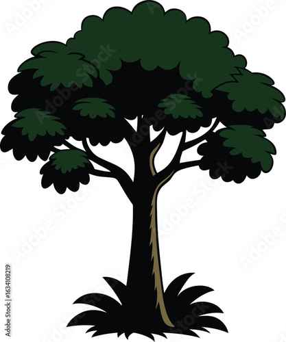 Black silhouette of a tree in vector style, featuring detailed branches and a simple, clean design on a white backdrop
