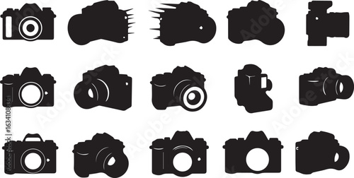 Fifteen Black Silhouette Icons of Cameras and Camera Parts on a White Background vector illustration