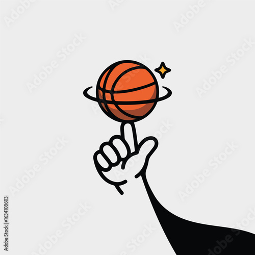 Cartoon hand spinning a basketball on a finger with a sparkling star and motion lines Keywords: basketball, sport, game, ball, spin, finger, hand, player