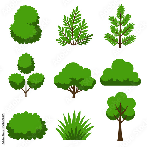Collection of Green Trees and Bushes in Various Flat Styles Vector Illustration