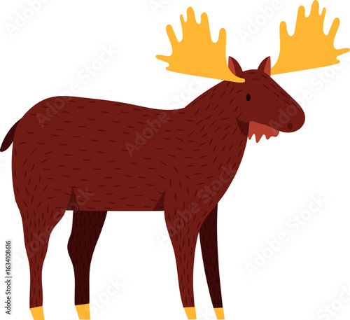 Stylized illustration of a moose standing against a white backdrop, showcasing large antlers and a rich brown coat with yellow hooves for a striking visual impact