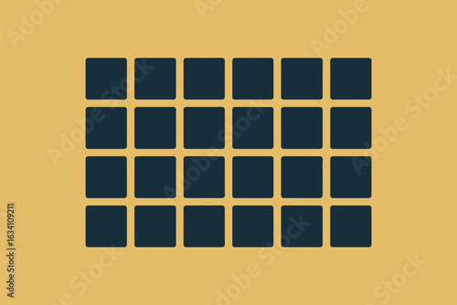 A grid of twenty five dark blue squares arranged in five rows and five columns on a yellow background