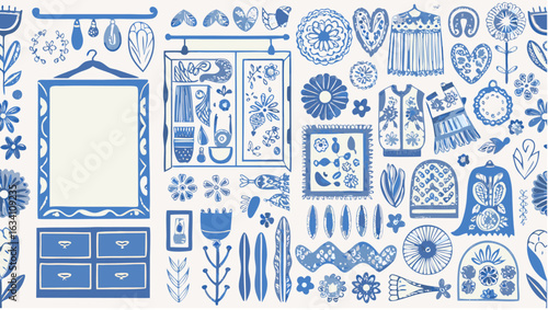 Illustration of a blue and white room scene with wardrobe mirror clothes and floral decorations style silhouette
