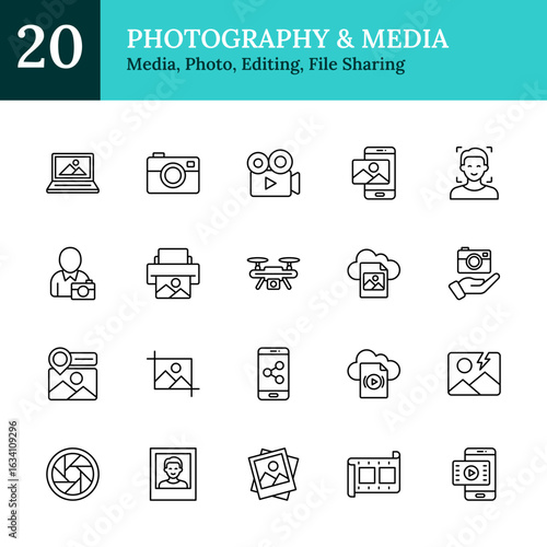 Photography & Media Outline Icon Sheet Design Vector - digital photography, video creation, image editing, cloud storage, photo sharing, mobile media, face recognition, camera gear, media printing