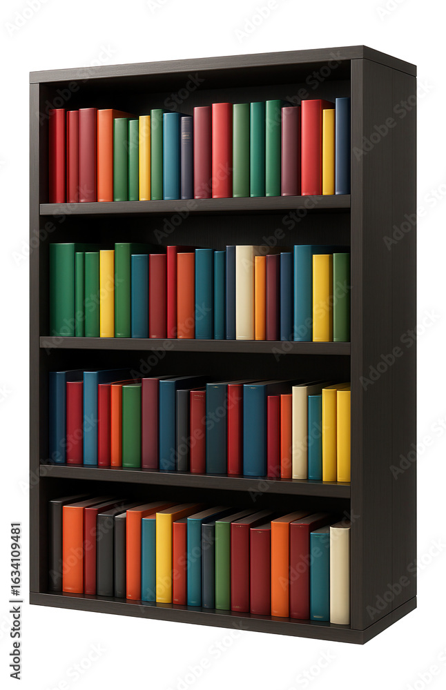 Fototapeta premium A tall wooden bookshelf filled with colorful, neatly arranged books on transparent background.