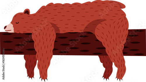 Cartoon illustration featuring a brown bear dozing peacefully on a tree trunk, embracing a serene moment of relaxation in the heart of nature's tranquil woodland setting