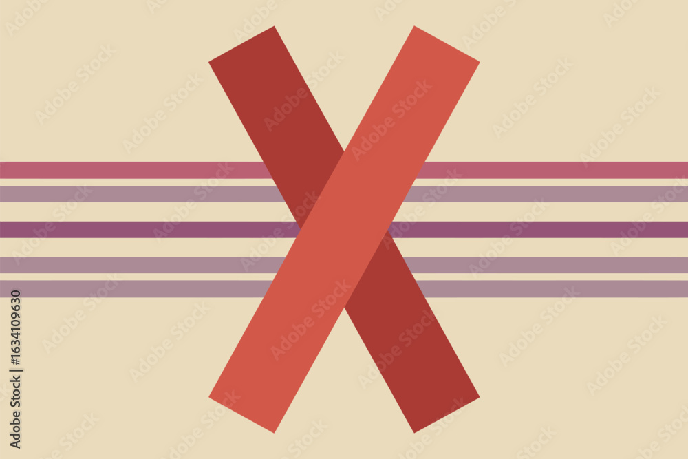 Obraz premium An abstract illustration featuring a red x shape over horizontal stripes on a beige background design art