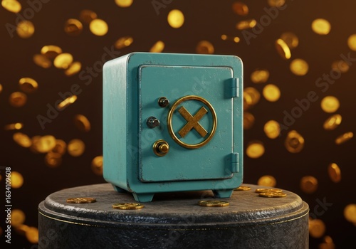 A small safe box sits on a pedestal with gold coins falling around it representing financial security and wealth