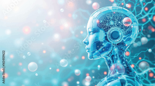 Profile of a Futuristic Robot Head with Intricate Internal Wiring and Bokeh Lights vector illustration.