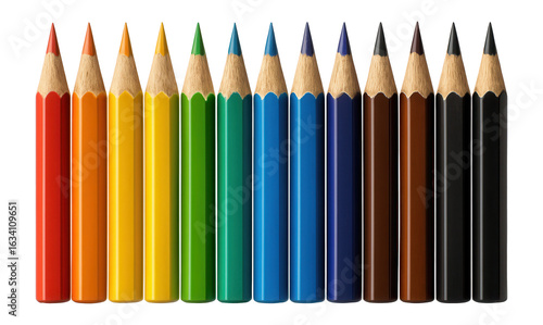 A row of fourteen neatly aligned colored pencils featuring a variety of vibrant hues, each sharpened to a point, on transparent background.
