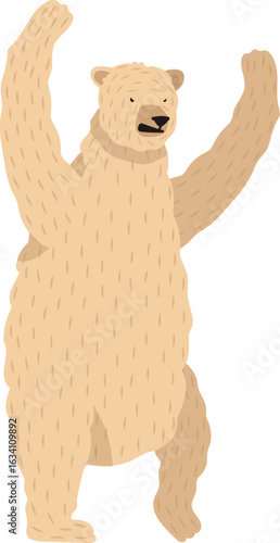 Large brown bear standing on hind legs with paws raised high, roaring fiercely and displaying its impressive size and dominance in the wild, embodying strength and power