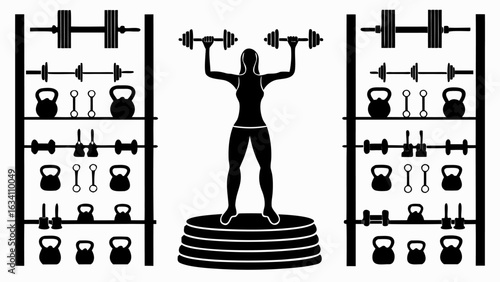 Silhouette of a woman lifting dumbbells on a platform with weight racks on either side in a gym setting