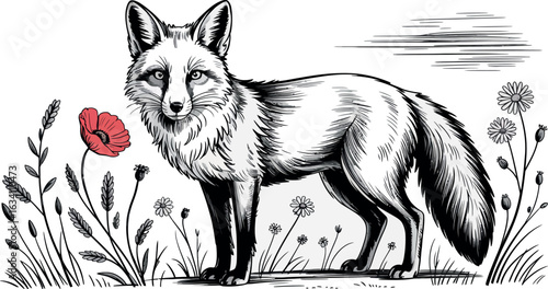 A detailed black and white illustration of a fox standing amidst various flowers and plants outdoors