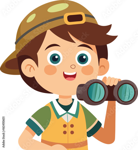 Boy wearing a safari hat and vest, peering through binoculars with a focused expression