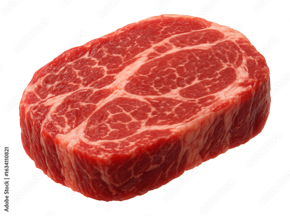 Fototapeta premium Thick cut of marbled red meat showing intricate fat patterns on transparent background.
