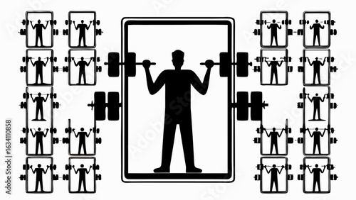 Silhouette of weightlifter in frame surrounded by smaller framed weightlifters in black and white