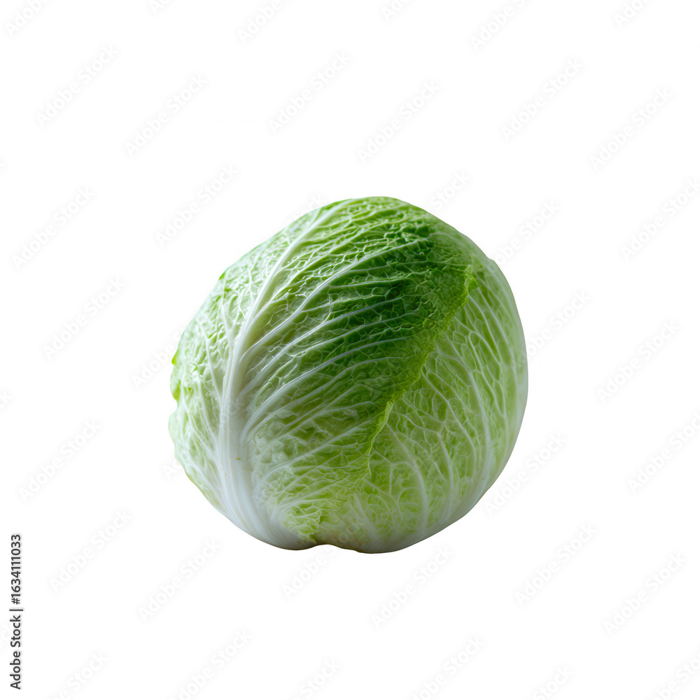 Fototapeta premium Fresh green cabbage, round shape, with crisp leaves, isolated on a white background, ideal for culinary or health-related themes.