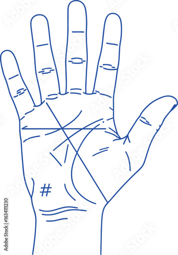 A blue outline of a palm with lines indicating palmistry and fortune telling on a white background art