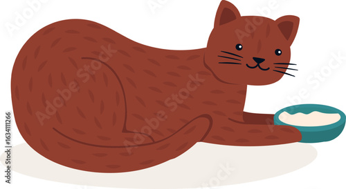 Adorable brown cat lying comfortably on the floor next to its food bowl, savoring a delicious meal in a cozy, playful atmosphere, radiating happiness and contentment