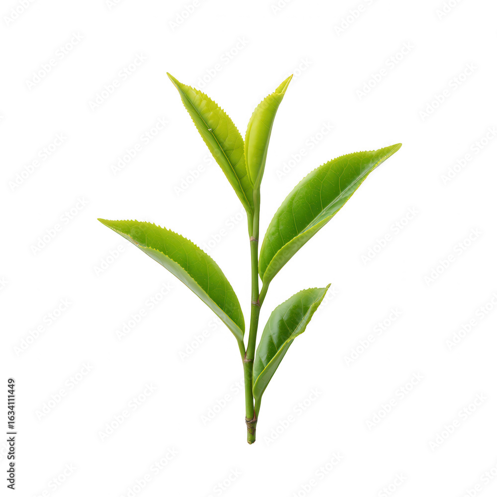 Fototapeta premium Fresh green tea leaves isolated on a white background, showcasing their vibrant color and natural shape, ideal for wellness and culinary themes.