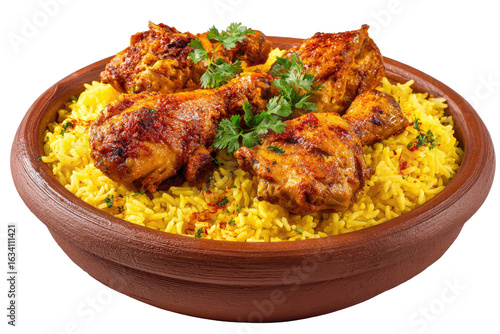 Spicy chicken and rice in a clay bowl