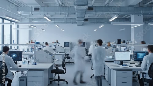 Modern Science Laboratory Buzzing with Activity Scientists and Researchers Conduct Experiments and Analyze Data Driving Innovation in a Clean High-Tech RD Envir