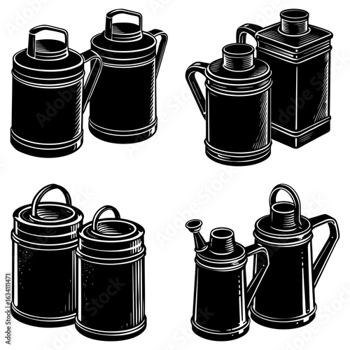 Illustration of vintage oil cans and containers in various shapes and sizes in black and white style