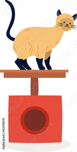 Adorable siamese cat with dark paws and tail standing on a cat tree scratching post platform with a red house, promoting pet furniture and playful feline companionship