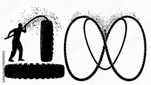 Silhouette of man hitting tire with sledgehammer and tire figure eight in monochrome illustration