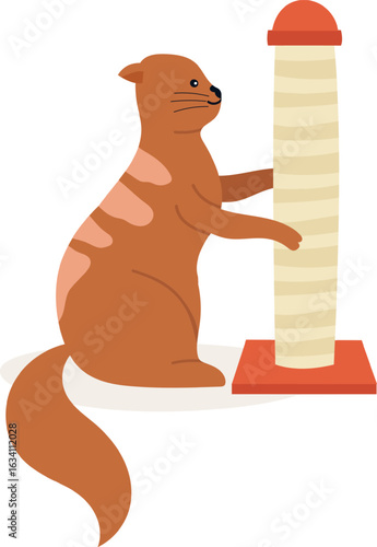 Adorable ginger cat sharpening its claws on a scratching post, promoting healthy scratching behavior and preventing furniture damage, providing essential enrichment for feline well being