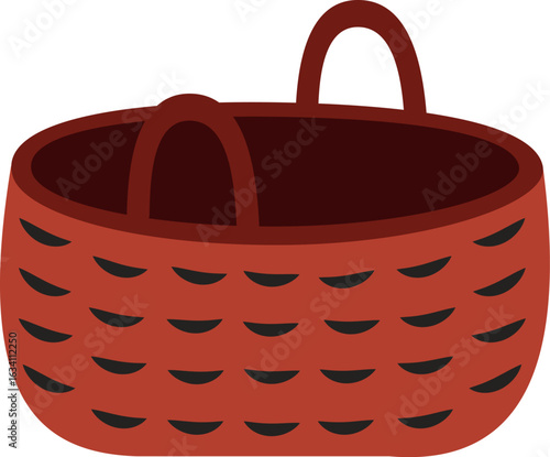 Empty red wicker basket with a sturdy handle, waiting to be filled with groceries, picnic supplies, or various items, isolated against a clean white background