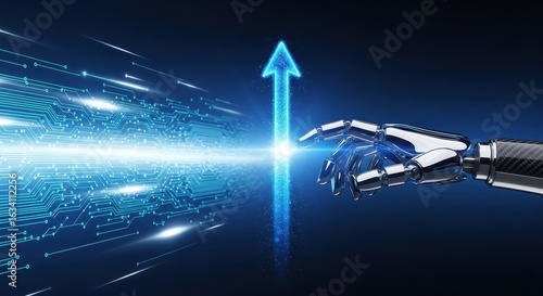AI-powered robotic hand activates glowing arrow, symbolizing technological growth and data-driven innovation