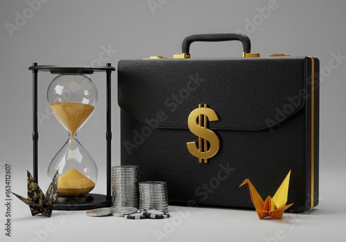 A black briefcase with a dollar sign next to an hourglass and origami represents time is money