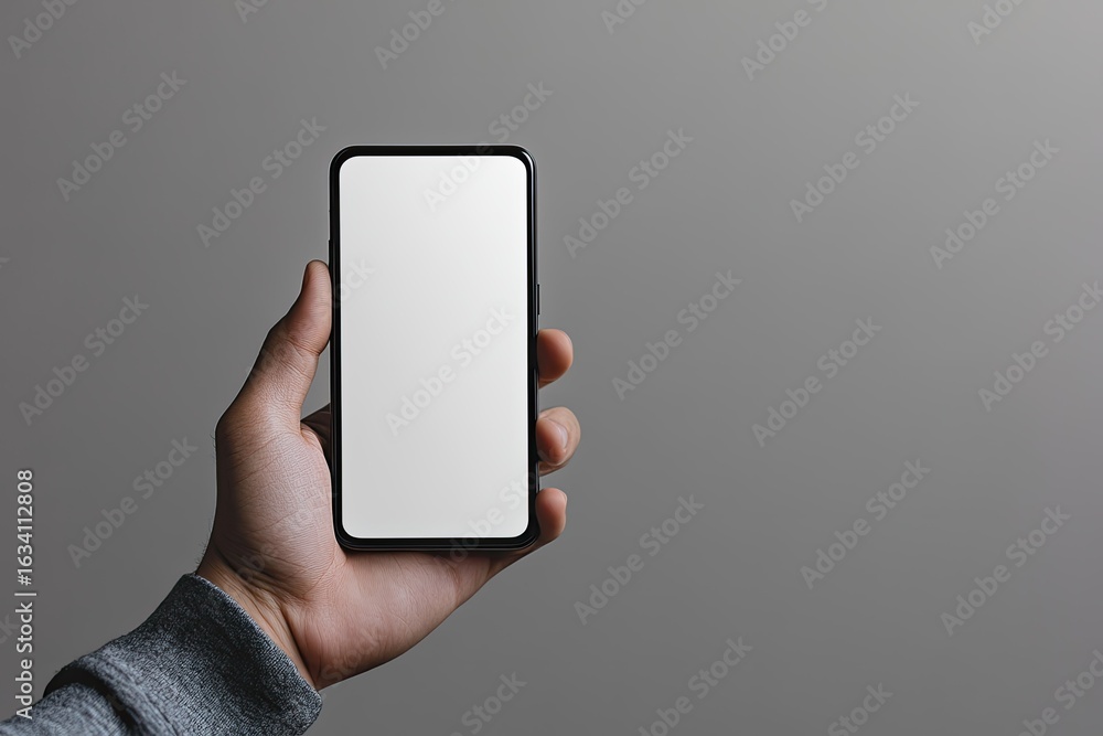 High Resolution Visual of Hand Showing Black Smartphone on Gray Background High Resolution Visual of Hand Showing Black Smartphone on Gray Background