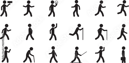 Fifteen Black Stick Figure Icons Illustrating Diverse Human Actions and Accessories silhouette person