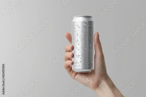 Energy Drink Mockup Aluminium Can 250Ml with Water Drops in Hand Template
